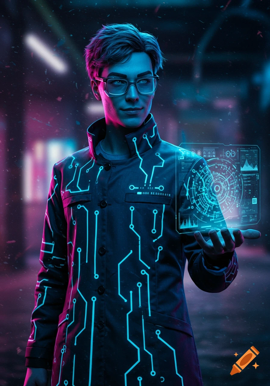 A quantum scientist in a glowing circuit coat holds a holographic device in a cyberpunk setting.