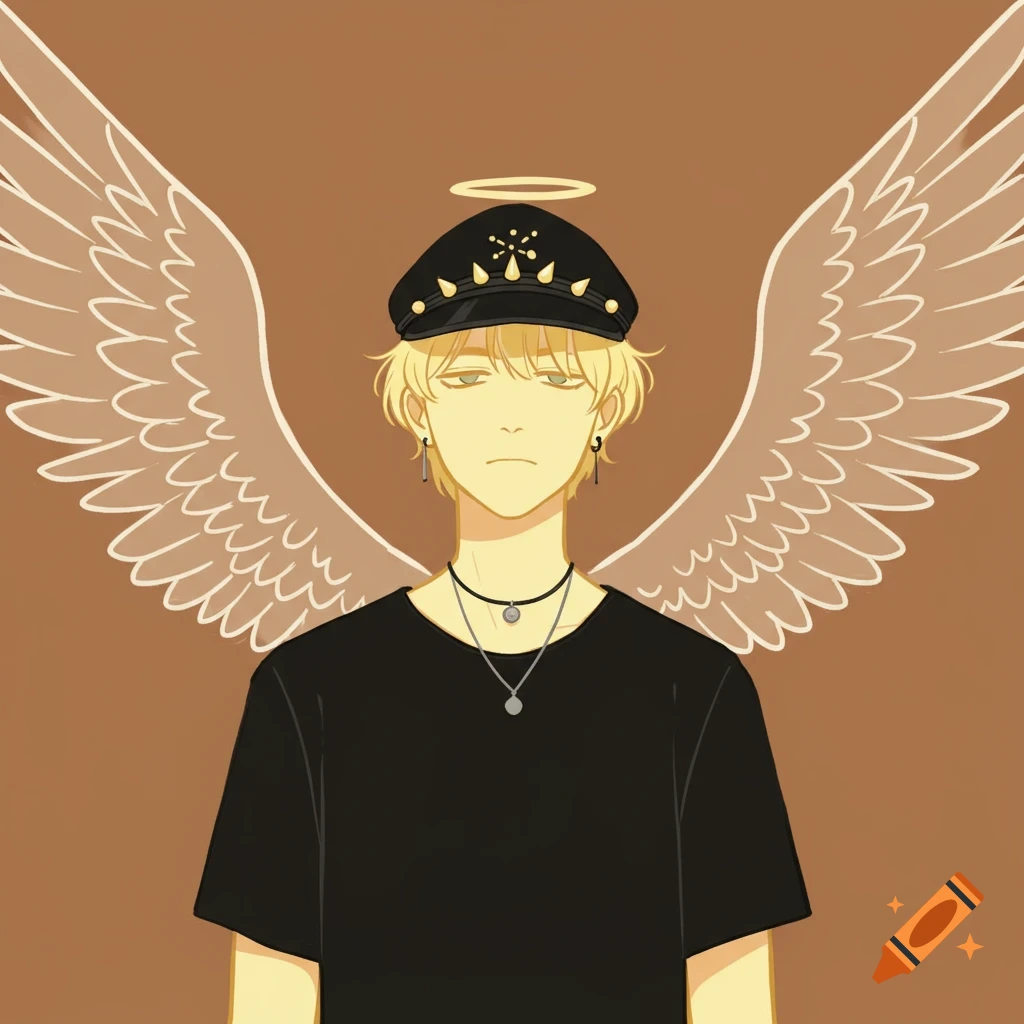 Stylized digital art of a blonde guy with a black cap, necklace, and angel wings on a brown background.