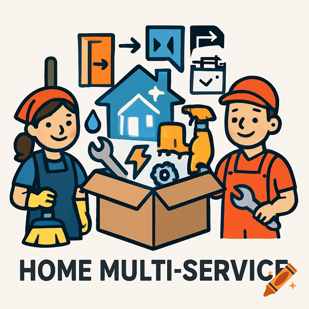 Cartoon logo with a female cleaner and male technician around a box of home service icons. Text: 'HOME MULTI-SERVICE'.