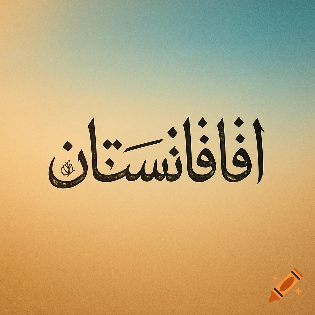 Black Arabic calligraphy for 'Afghanistan' on a soft blue and orange gradient background with a subtle texture.