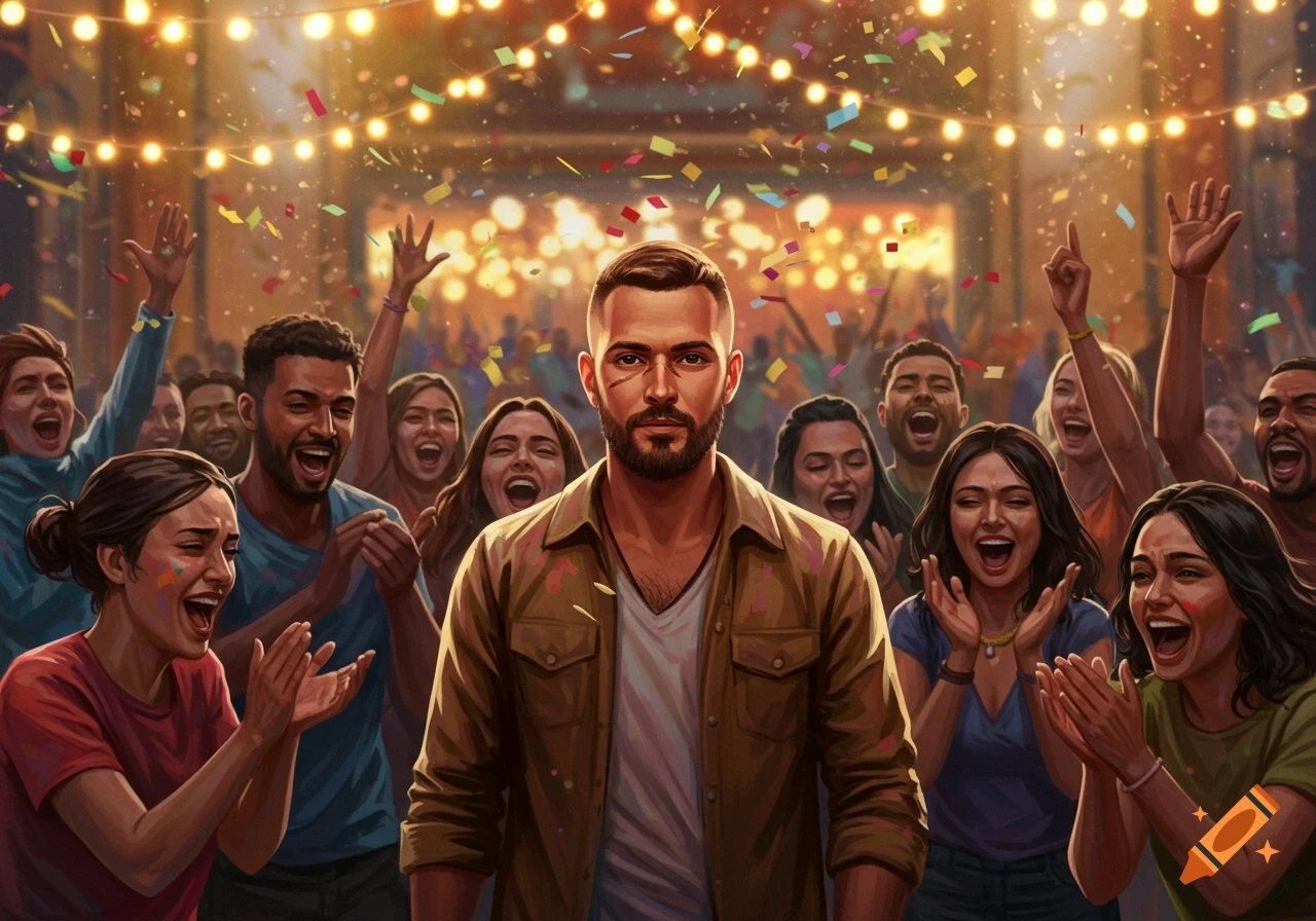 A man with a beard and buzzcut walks through a cheering crowd celebrating with confetti falling at a vibrant event. Digital art.