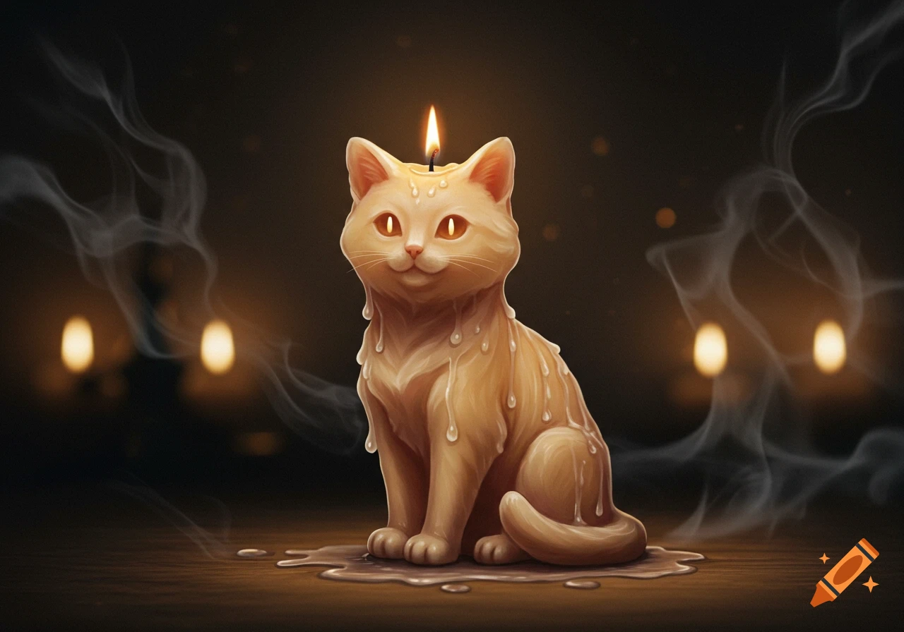 A glowing, melting cat-shaped candle with a lit wick, surrounded by smoke and blurred lights in a dark room.