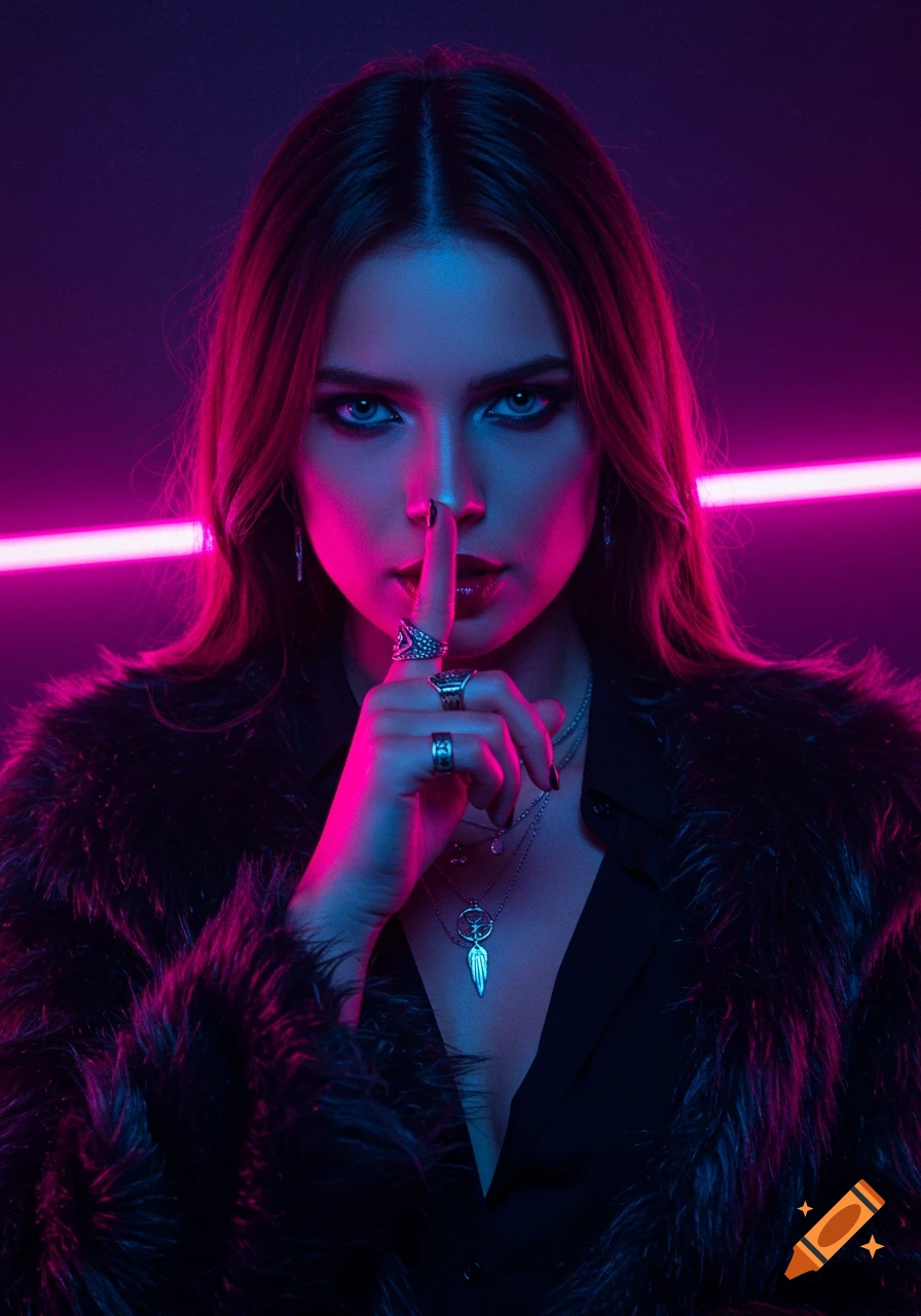 A mysterious woman in a fur coat and V-neck shirt, with rings and necklaces, holds a finger to her lips. Illuminated by dramatic pink and blue neon lights.