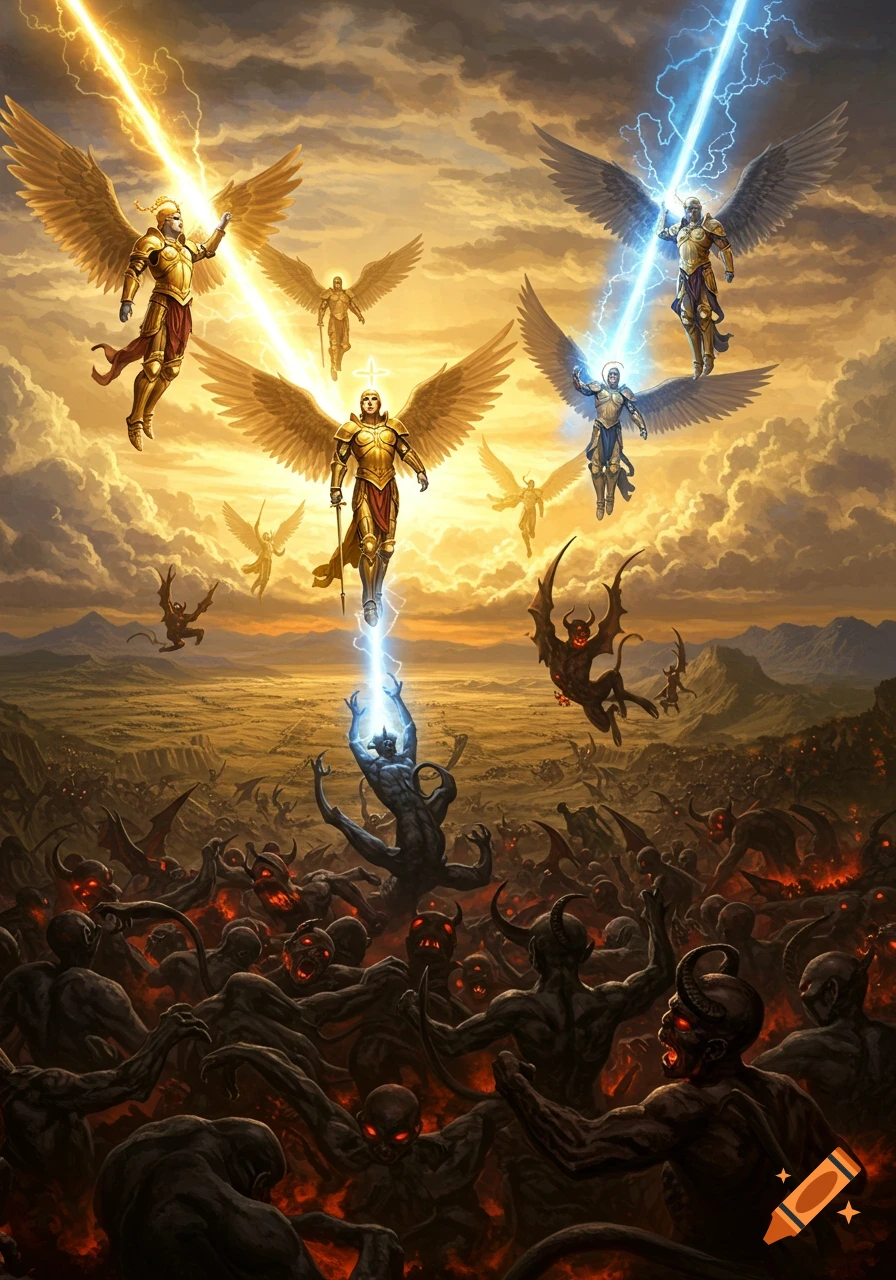 Golden-armored angels descend from a cloudy sky, striking dark demons with beams of light in an epic fantasy battle.