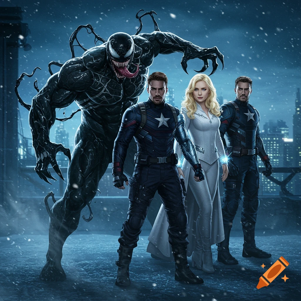 Venom, two soldiers resembling Captain America, and Emma Frost stand in a snowy cityscape at night.