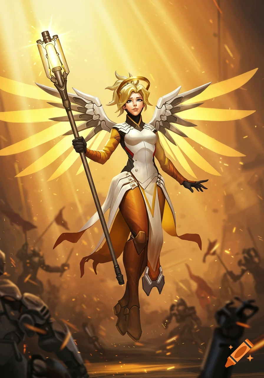 Mercy from Overwatch, an angelic figure in white and orange, with golden wings, halo, and staff, floating over a battlefield.