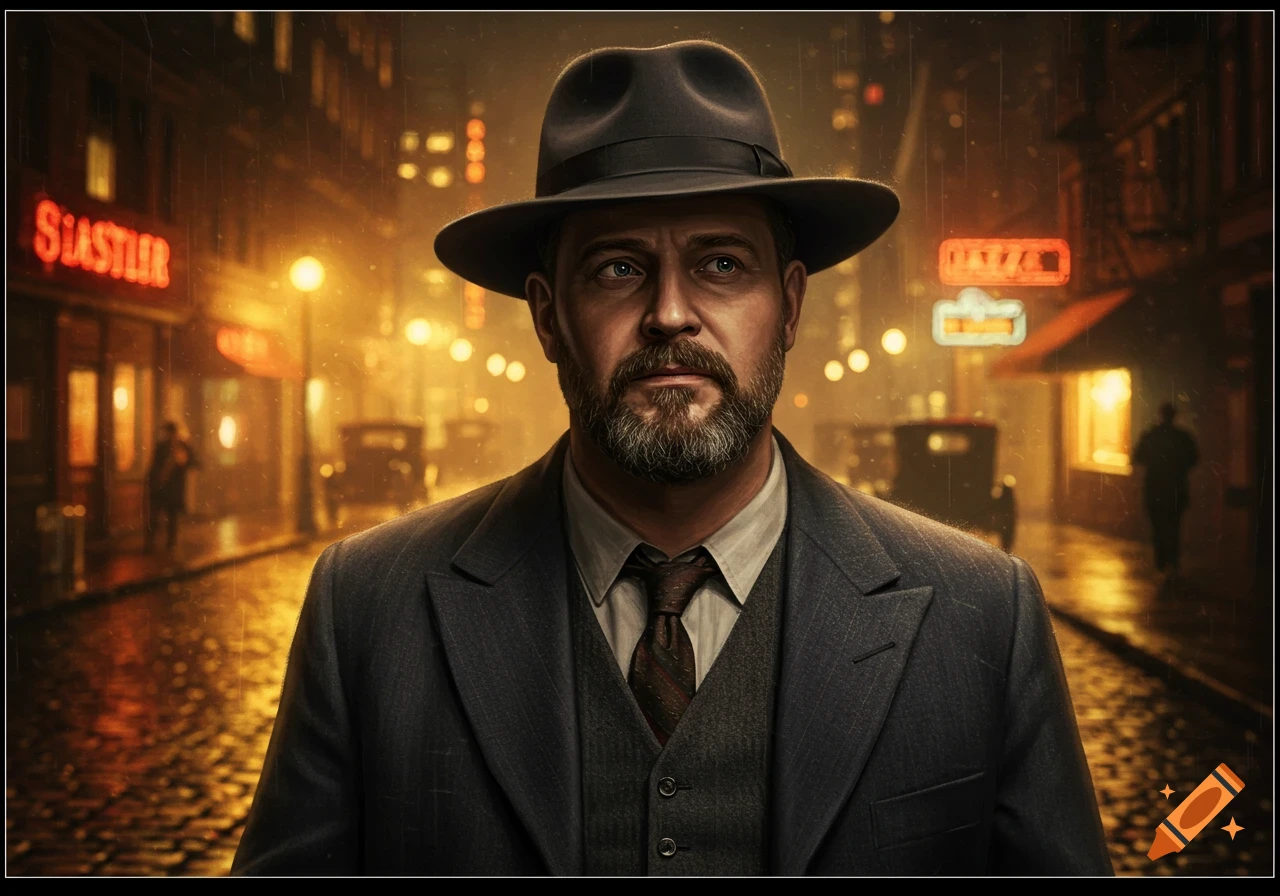 A man in a gray suit and fedora looks intently on a rainy city street at night, with neon signs glowing in the background.
