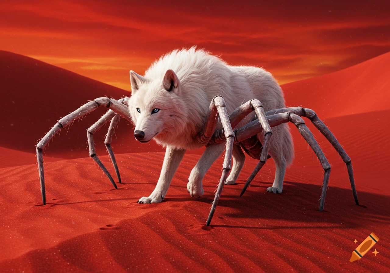A white wolf with multiple spider legs walks across a vibrant red desert under a red sky.