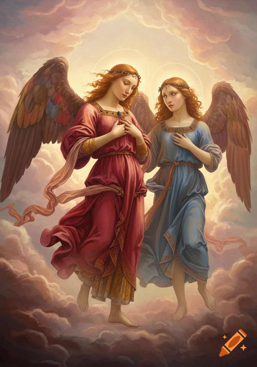 Two angels with halos and large wings stand on clouds in flowing red and blue robes, in a classical painting style.