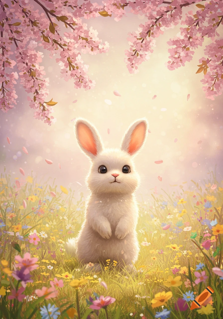 A fluffy white bunny stands in a field of colorful wildflowers with pink cherry blossoms overhead, soft light glowing.