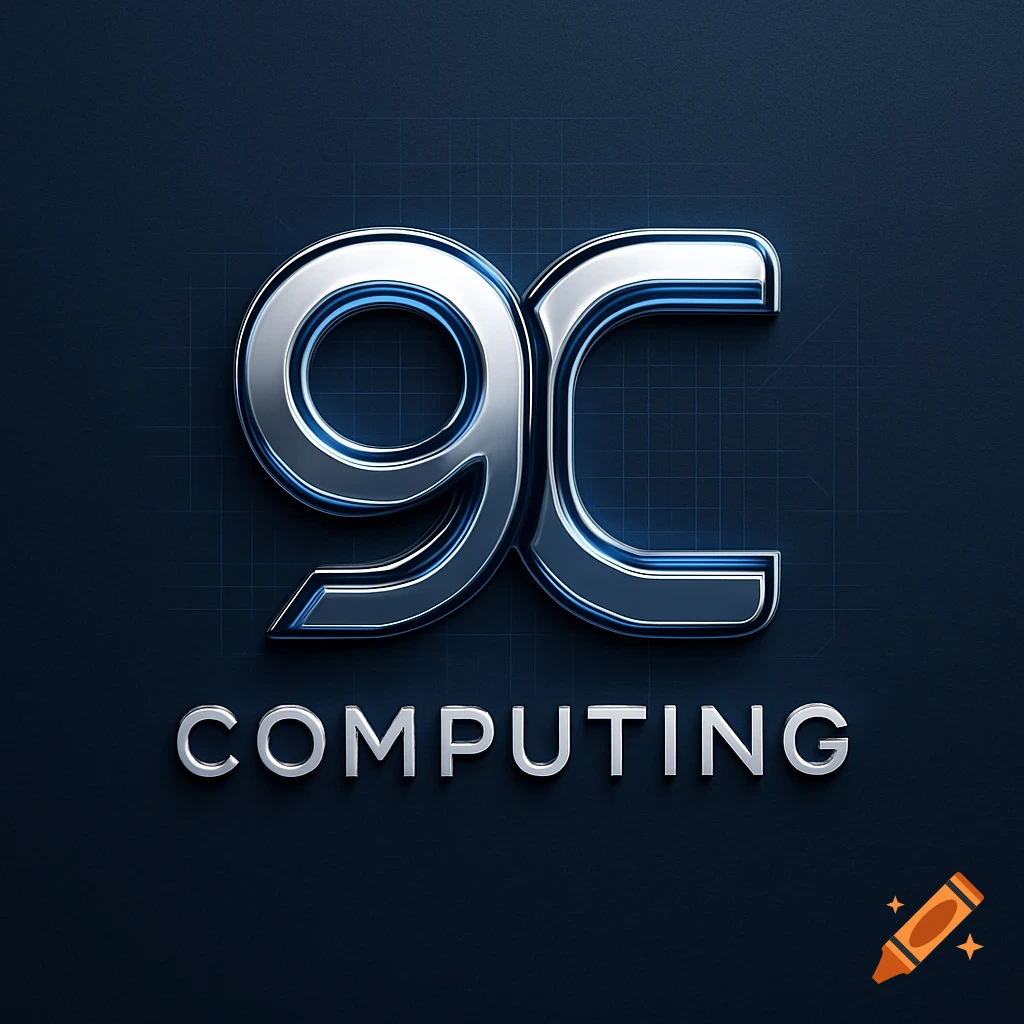 Shiny metallic 9C Computing logo with blue reflections on a dark blue background with a subtle grid pattern.