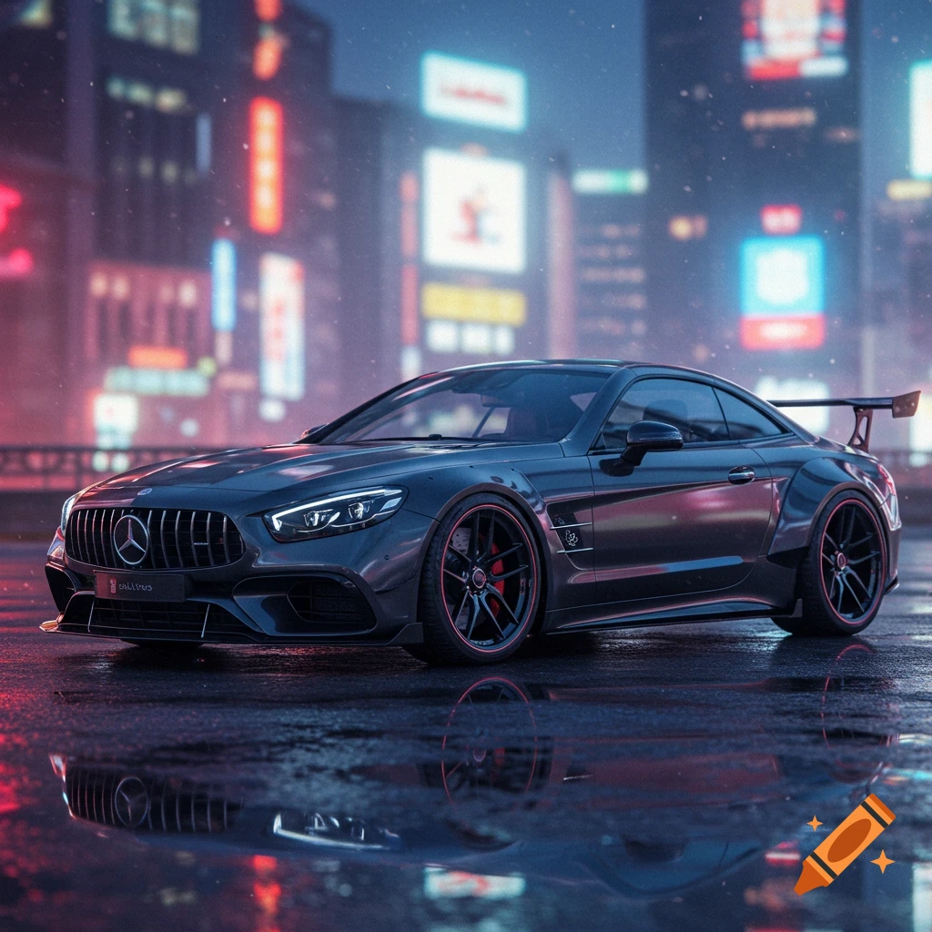 A dark gray Mercedes SL63S widebody car parked on a wet street at night, with neon-lit city buildings in the blurred background.