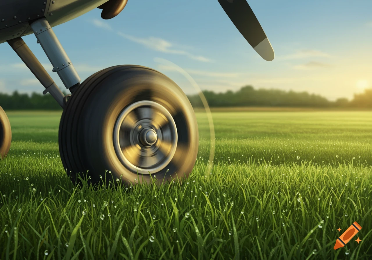 Close-up, low-angle shot of an airplane's spinning tailwheel in dew-covered grass under a bright sky at sunrise.