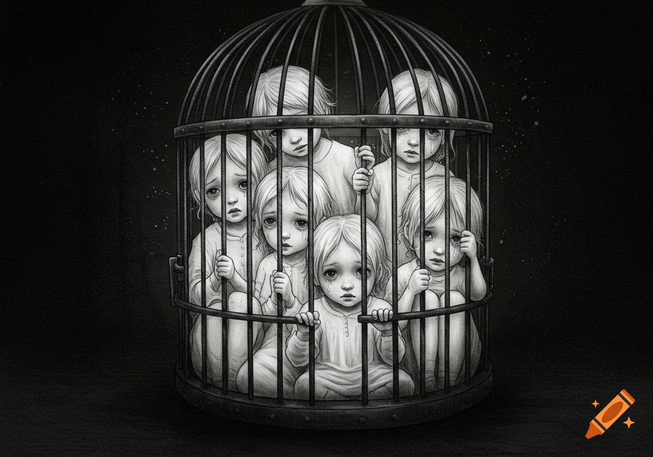 Grayscale drawing of several sad, crying children with white hair trapped inside a dark birdcage.