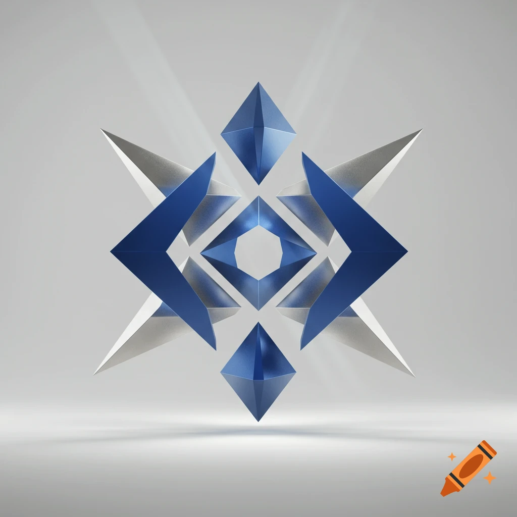 A 3D abstract geometric sculpture with blue and silver rhombuses and triangles, against a light grey background.