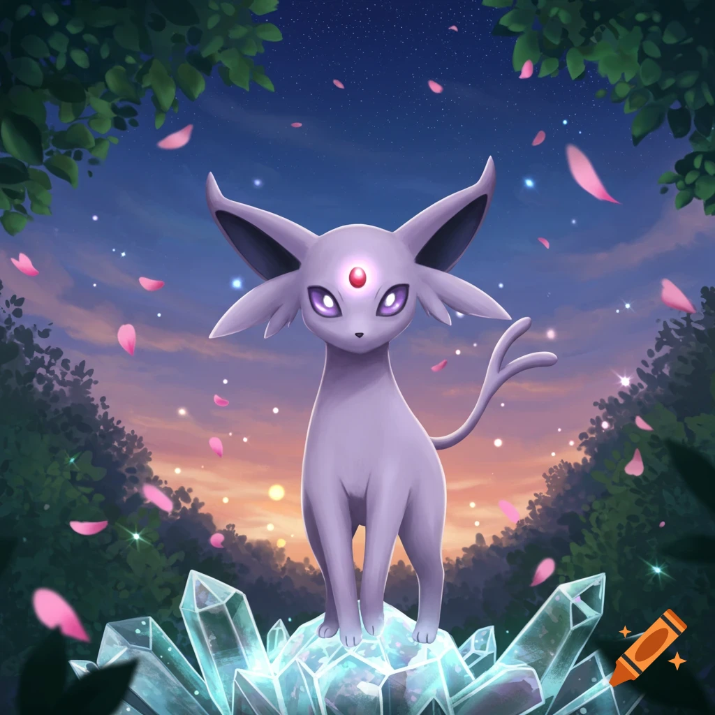 Purple Espeon with glowing eyes stands on clear crystals amidst falling pink petals under a twilight sky with foliage.
