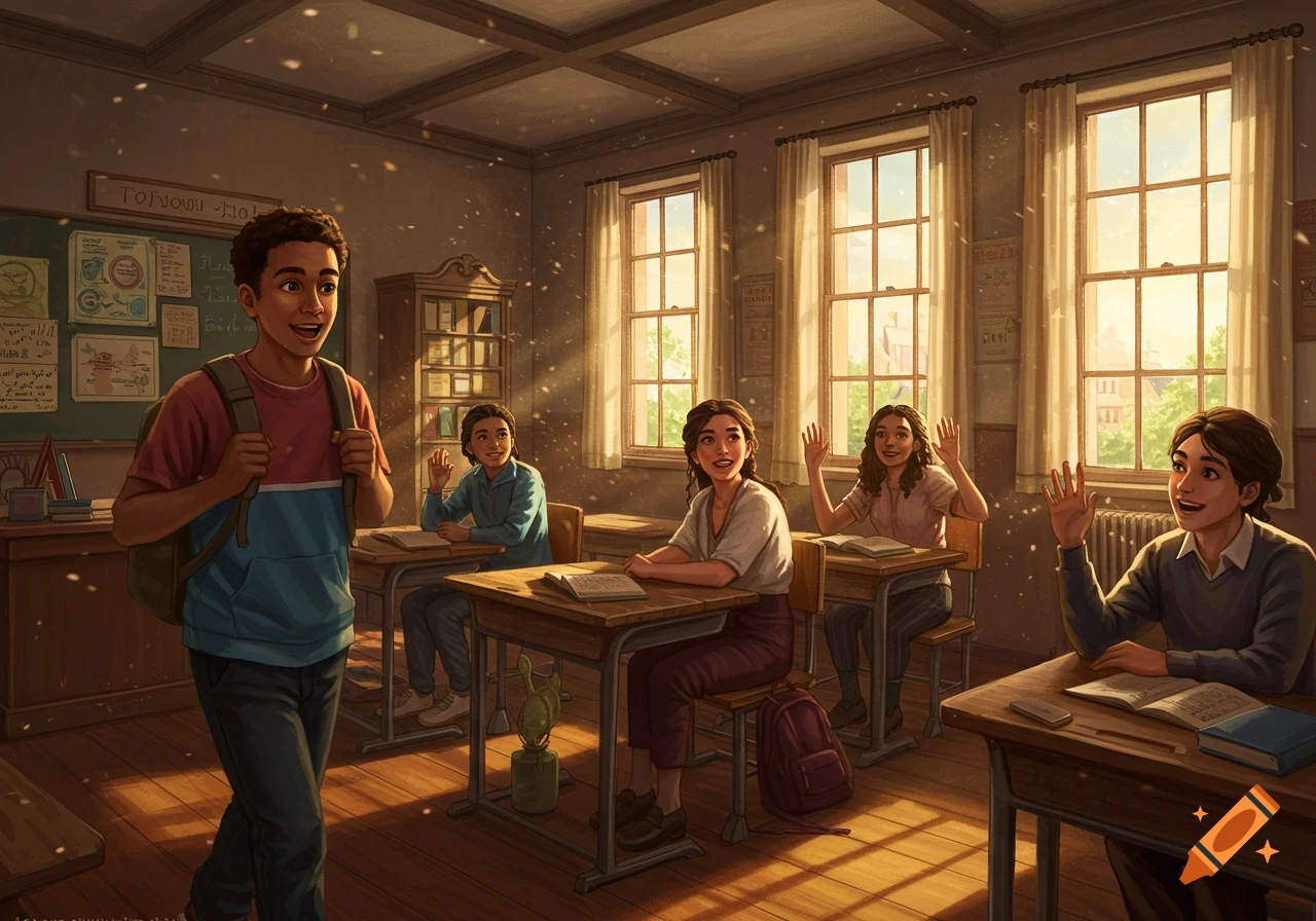A boy with a backpack enters a sunlit classroom, smiling as he is greeted by his waving classmates seated at desks.