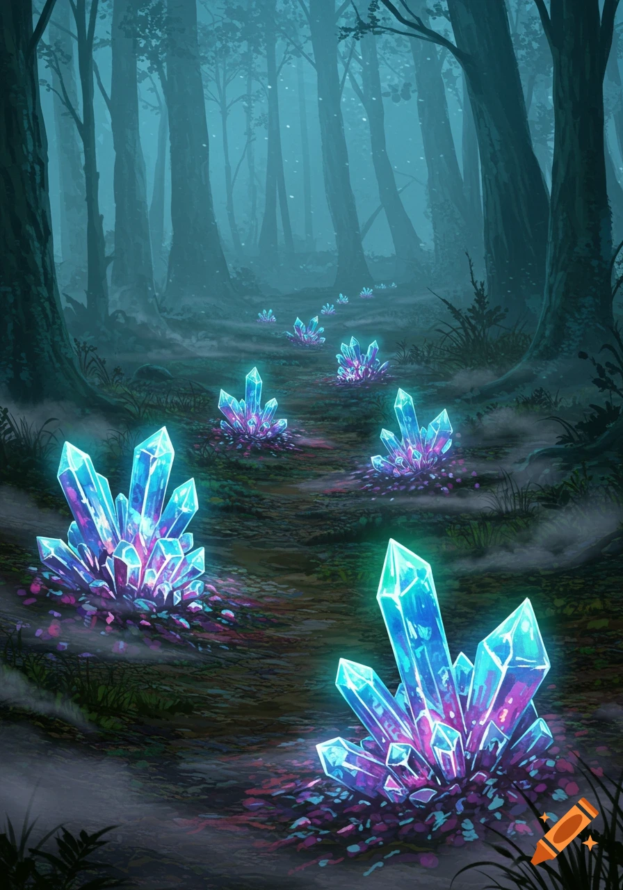 A dark, misty forest path illuminated by clusters of glowing blue and purple crystals. Tall, shadowy trees line the path.
