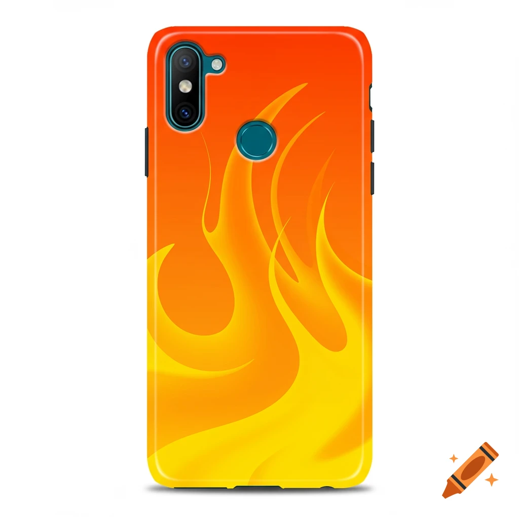 An orange and yellow phone case featuring a stylized flame design.