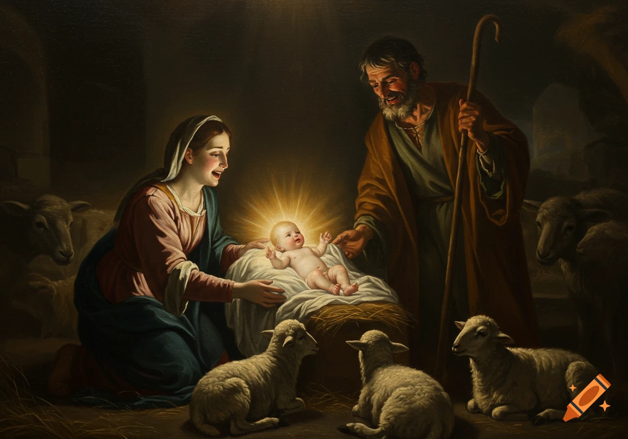 A Baroque oil painting of the Nativity, with Mary and Joseph adoring a glowing baby Jesus in a stable with lambs.