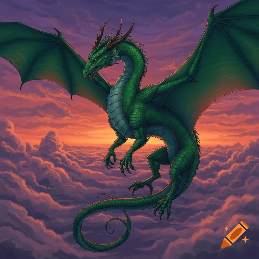 A vibrant green dragon with large wings soars above a sea of clouds at sunset, with an orange and purple sky in an illustration.