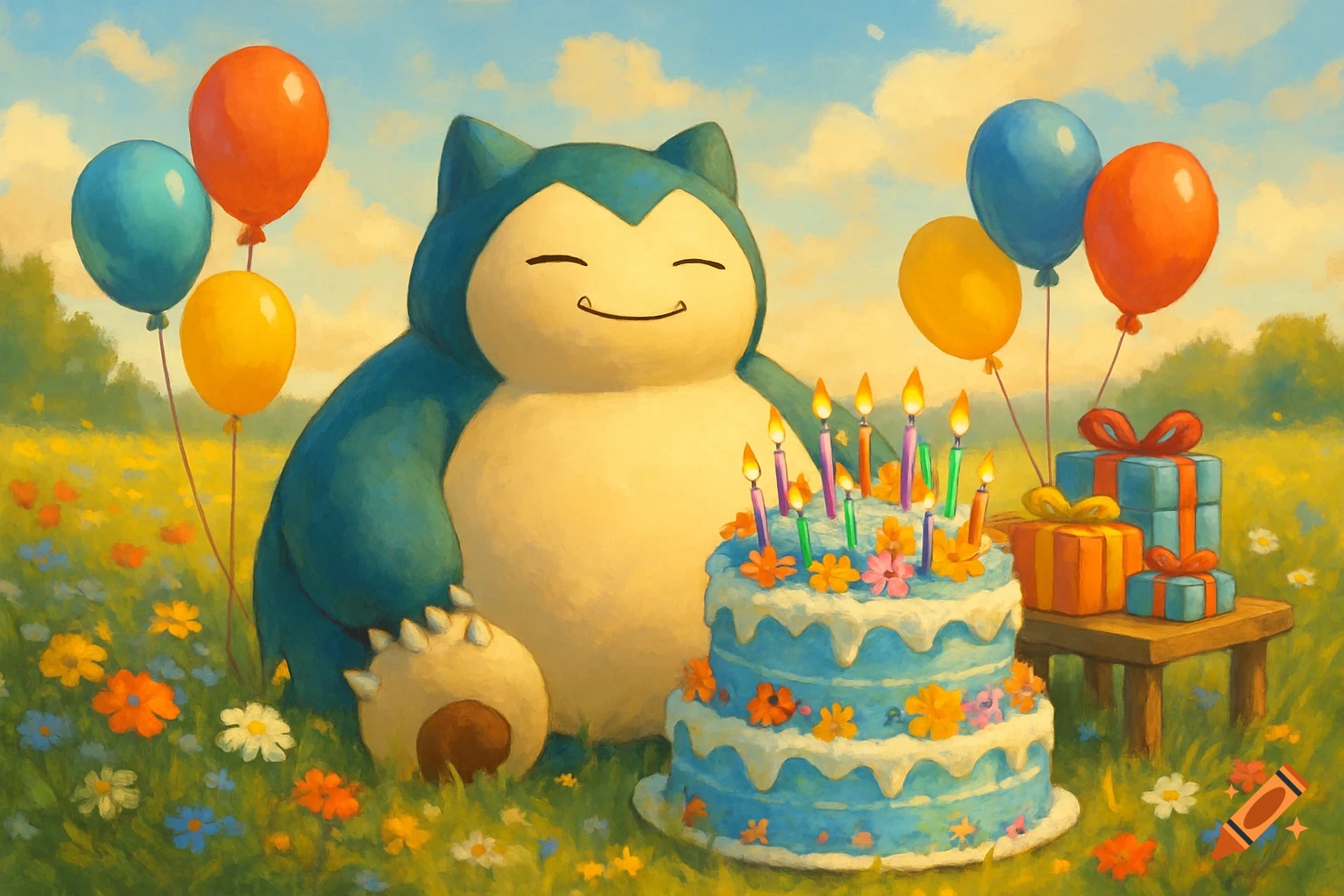 A happy Snorlax celebrates its birthday in a flowery field with a cake, balloons, and gifts, in a painterly cartoon style.