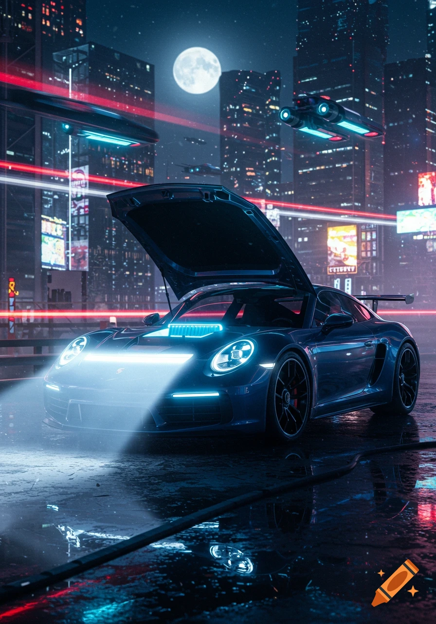 A blue Porsche with its open hood glowing like a headlight, parked on a wet street in a futuristic cyberpunk city at night under a full moon.