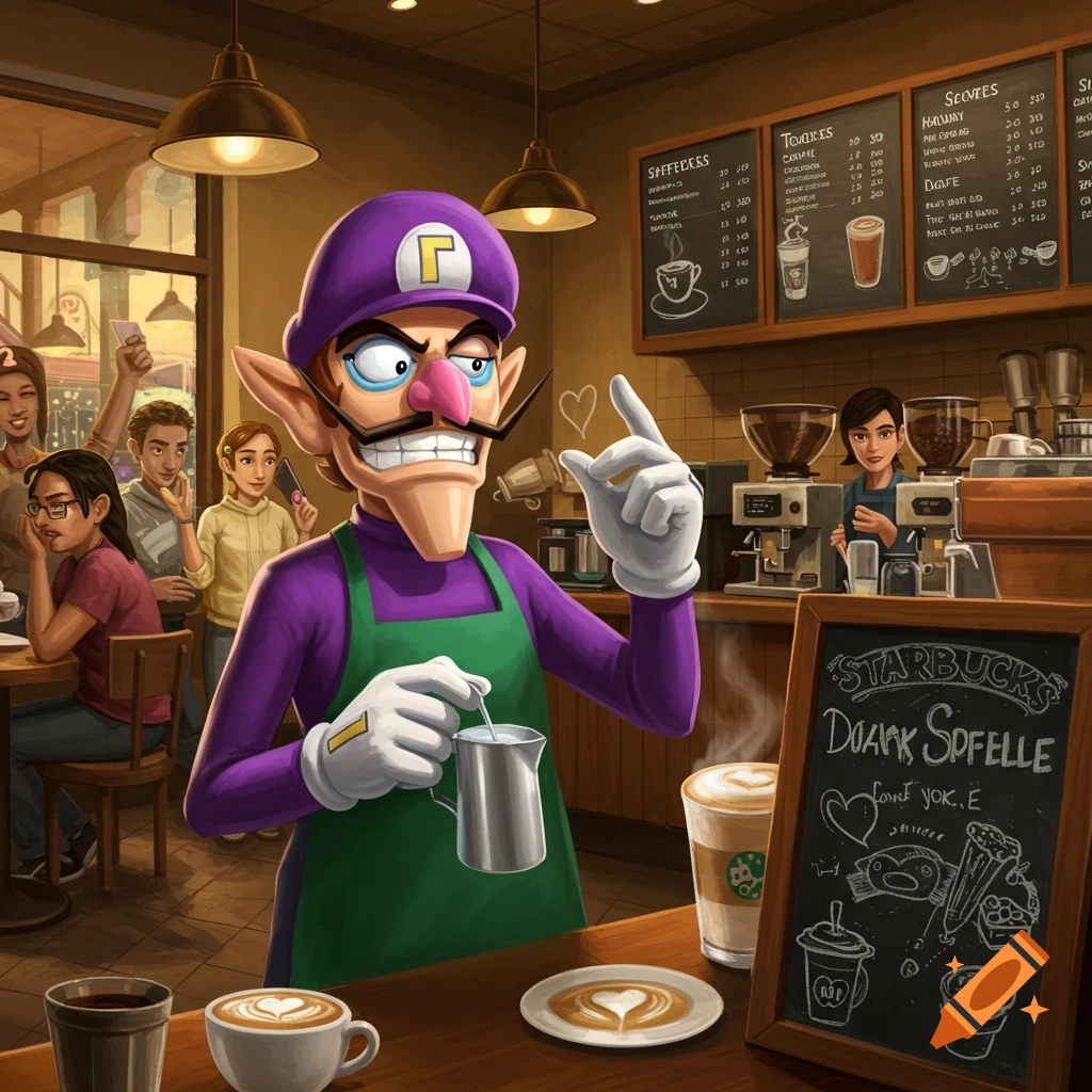 Waluigi in a purple shirt and green apron makes latte art behind the counter of a busy coffee shop, with customers and menu boards in the background.