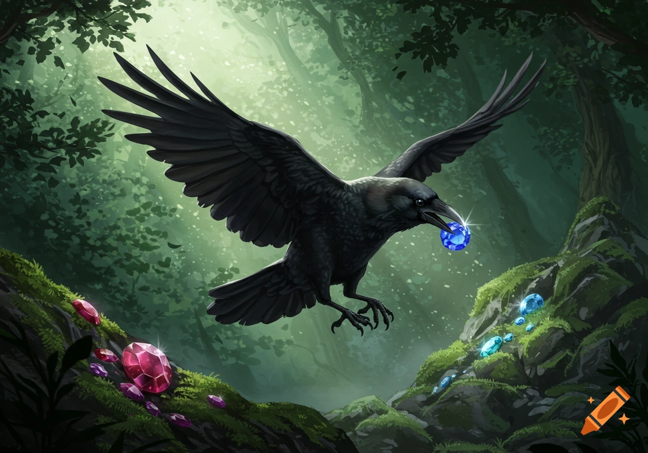 A black crow with a blue jewel in its beak flies over mossy ground with sparkling gems in a lush green forest. Digital illustration.
