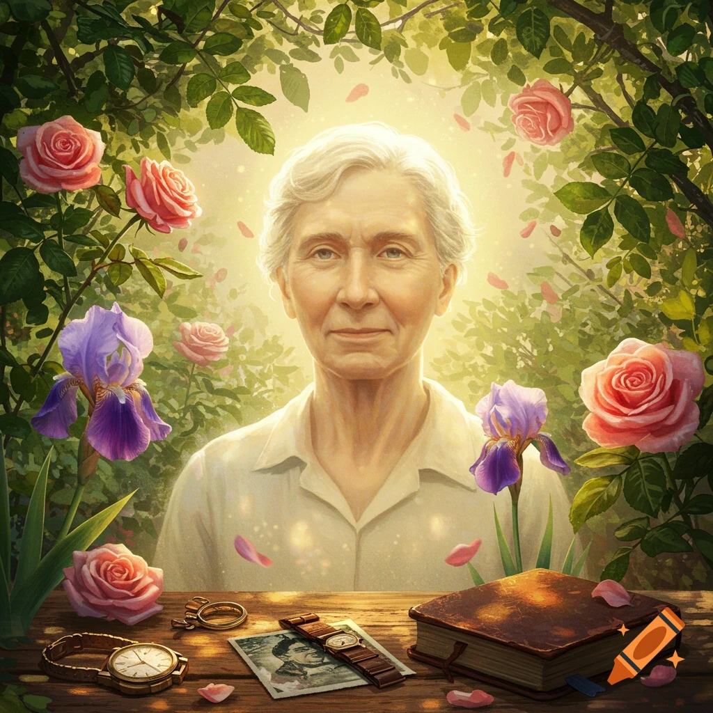 Bust portrait of an elderly woman with white hair, framed by lush green foliage, pink roses, and purple irises. A wooden table holds watches, a photograph, and a book.