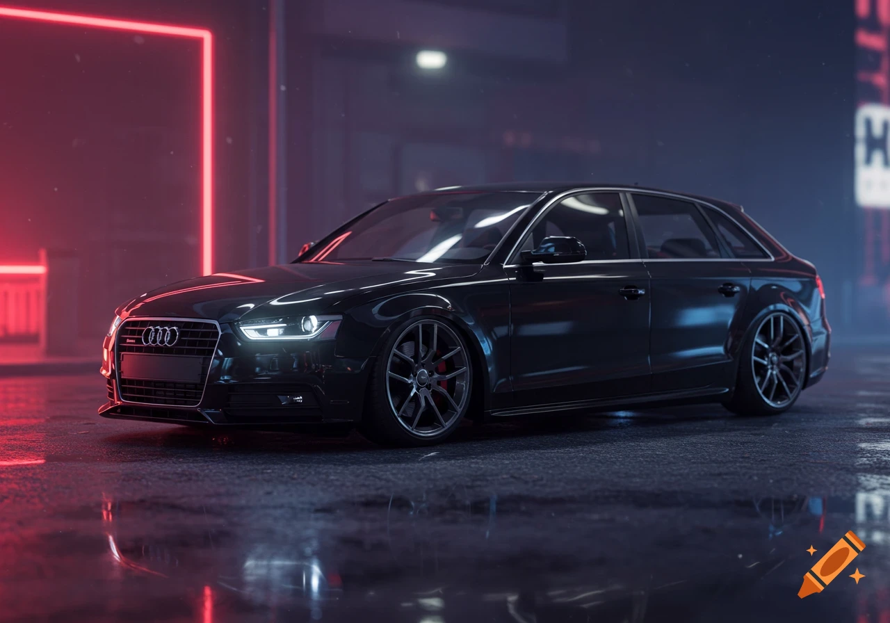 A sleek, lowered black Audi A4 B8.5 with y-spoke rims on a wet street at night, illuminated by red neon lights.
