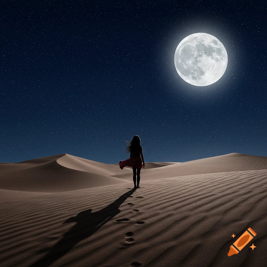 A lone person walks across desert dunes at night, casting a long shadow under a bright full moon and starry sky.