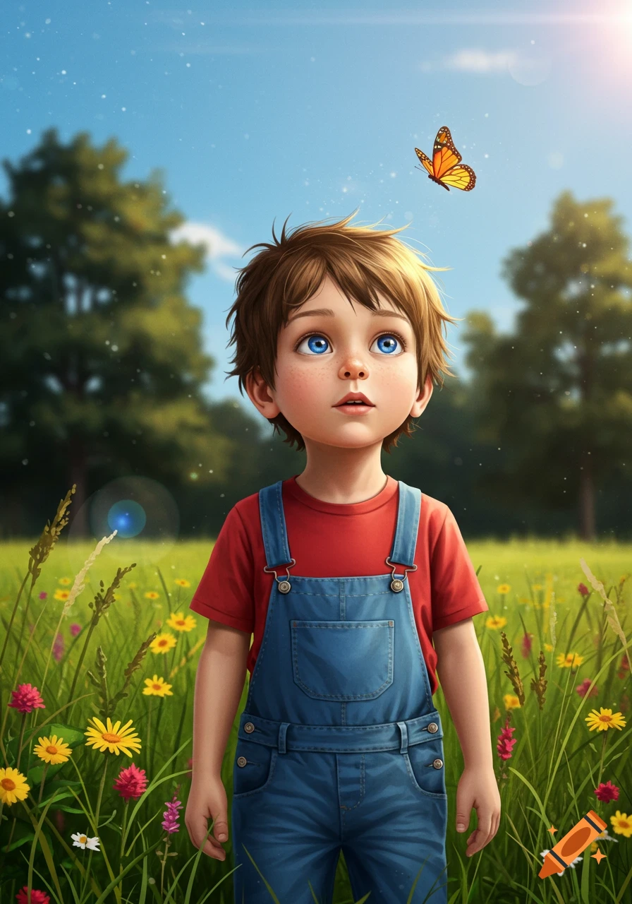 Stylized illustration of a young boy in overalls, looking up at an orange butterfly in a sunny field of wildflowers.