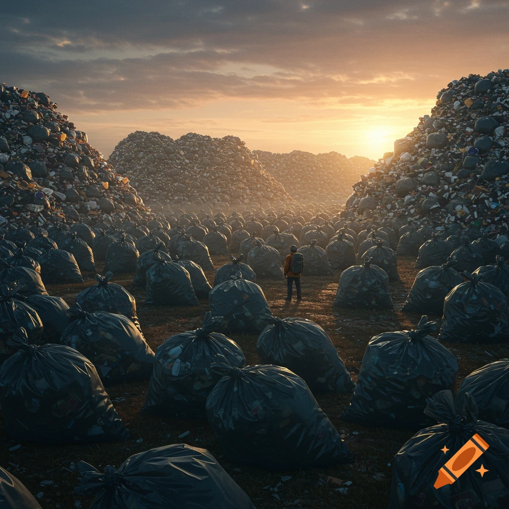 A person stands amidst vast mounds of filled trash bags and garbage, with a bright sunset on the horizon, depicting environmental pollution.