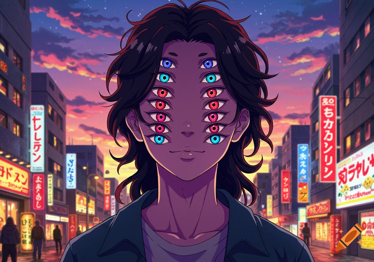 Anime-style character with multiple colorful eyes in a city street at sunset.