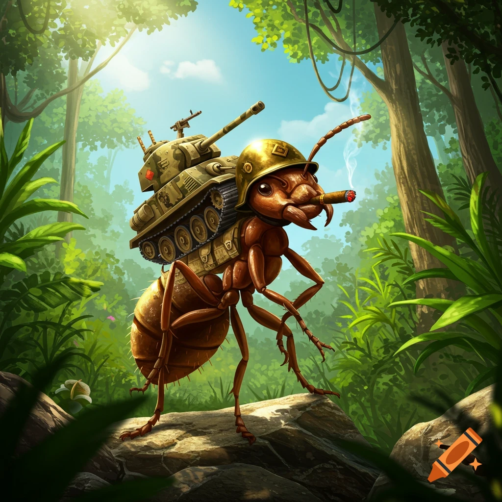 A stylized ant wearing a golden helmet and carrying a tank, smoking a cigar in a lush jungle.