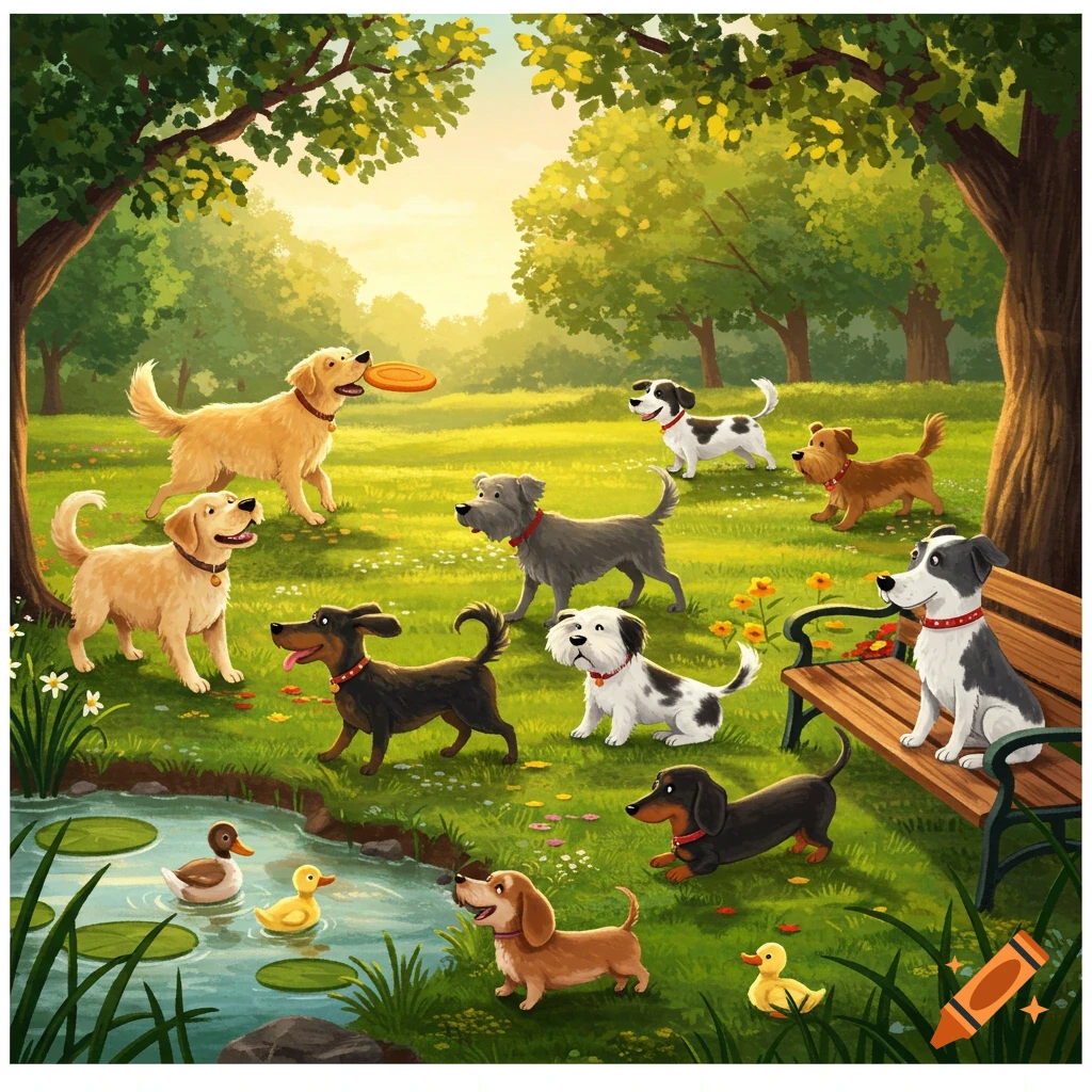Cartoon illustration of a diverse group of dogs playing in a sunny park with ducks in a pond and a dog on a bench.