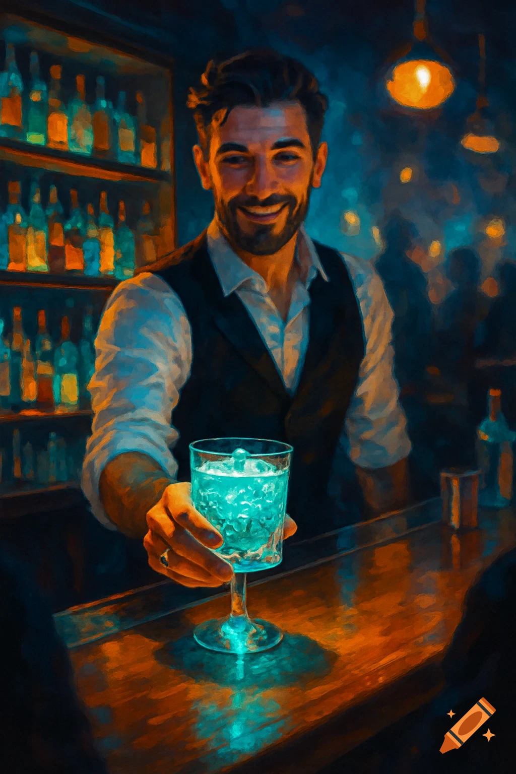 A smiling bartender with a beard offers a glowing blue cocktail across a wooden bar in a dimly lit, painterly setting.