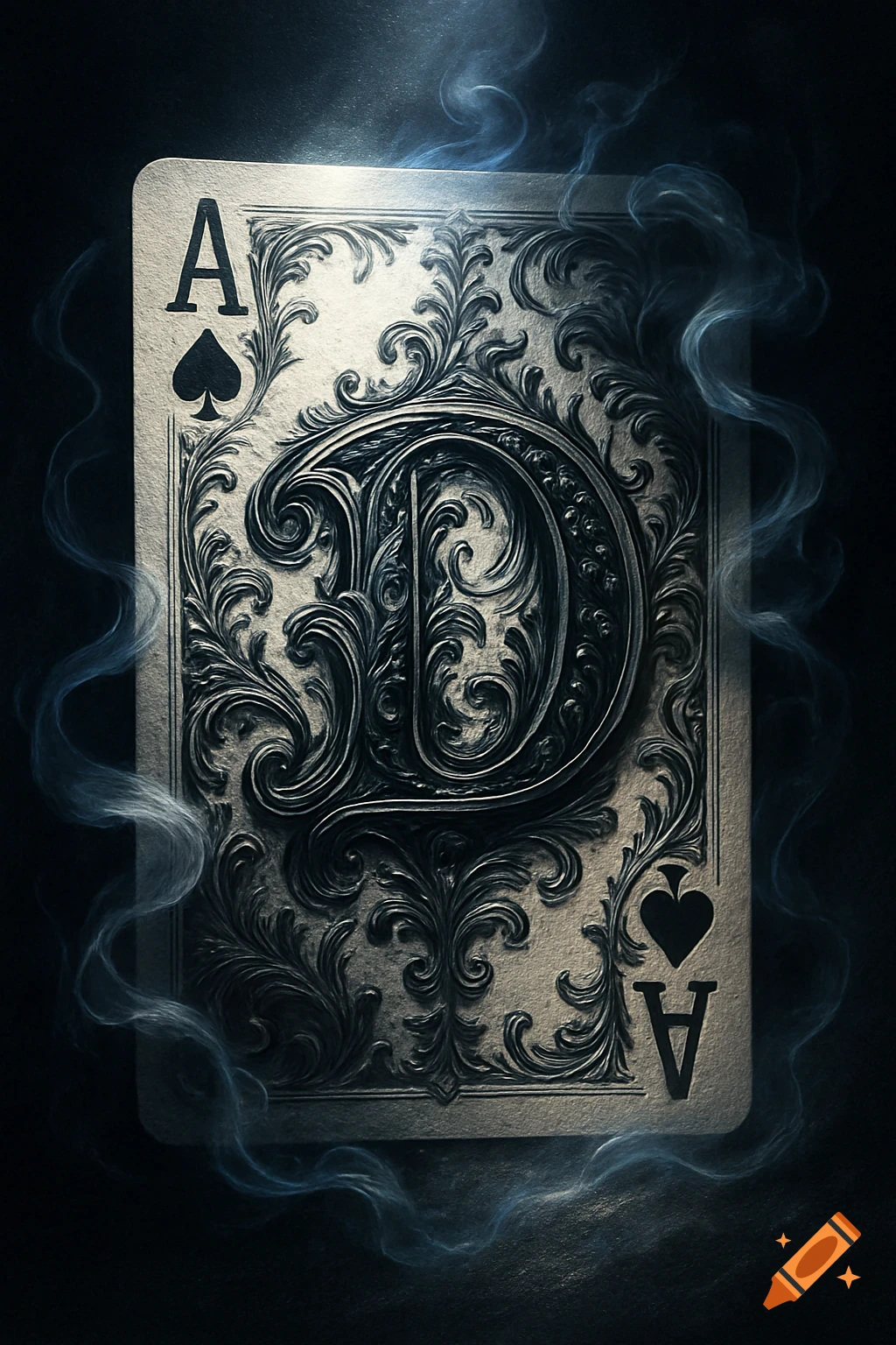 An ornate ace of spades playing card with a large, decorative letter D in the center, surrounded by wispy blue smoke.