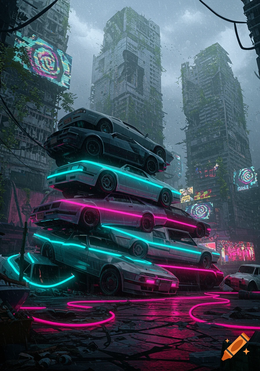 Stack of retro-futuristic cars with magenta and cyan neon lights in a rainy, ruined dystopian city.
