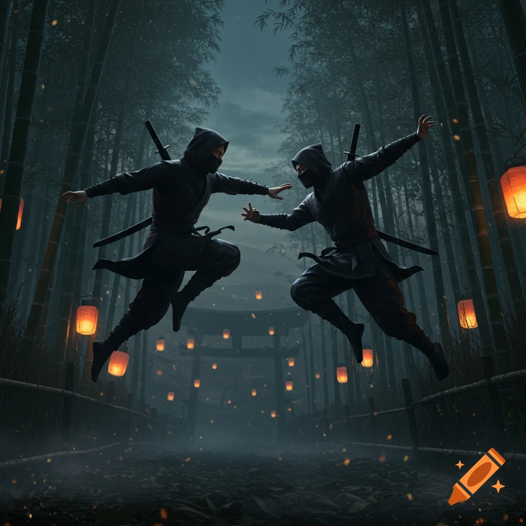 Two masked ninjas leap to fight in a mystical bamboo forest at night, lit by glowing lanterns. Photorealistic.
