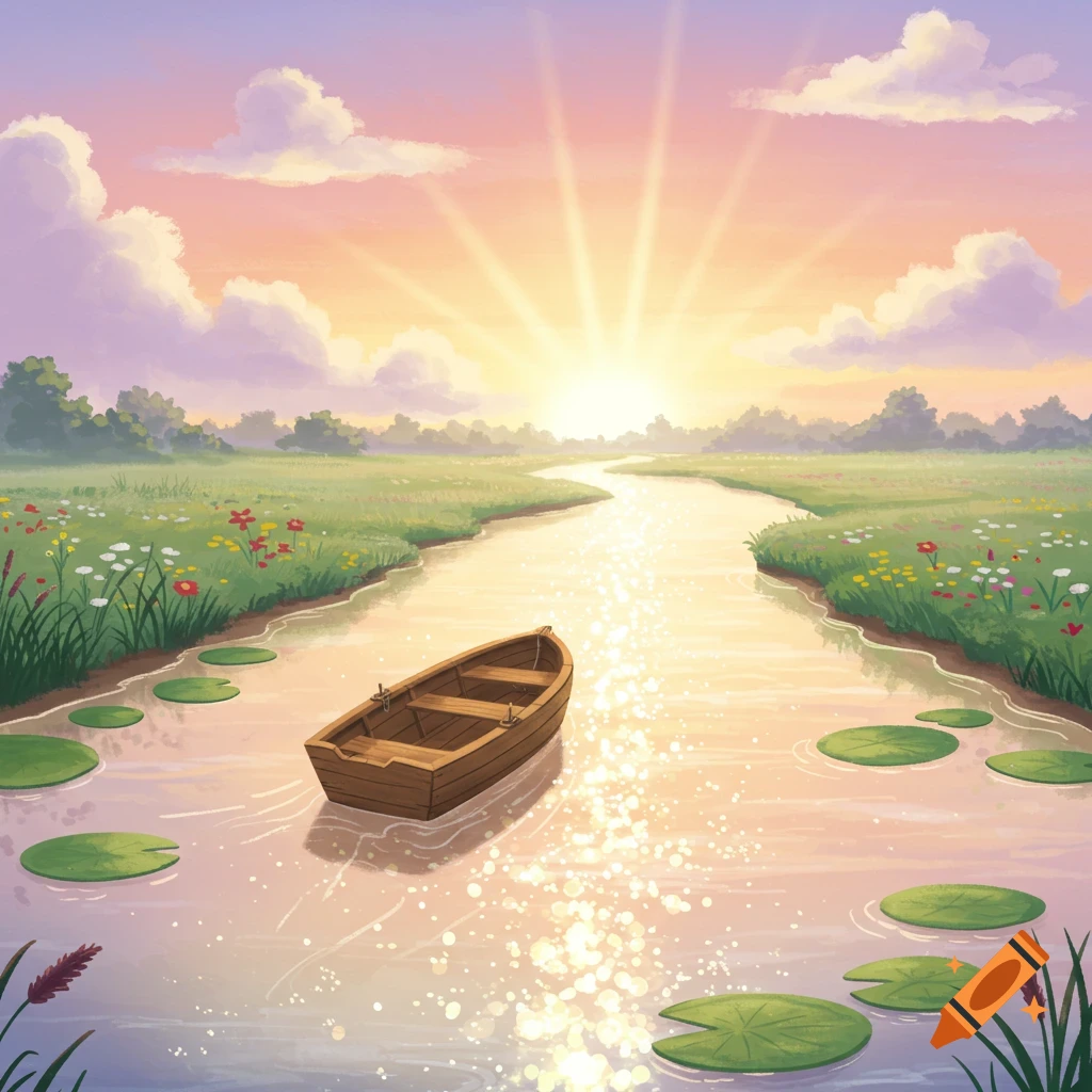 A small wooden boat floats on a sparkling river at sunrise, surrounded by green fields and wildflowers in a storybook cartoon style.