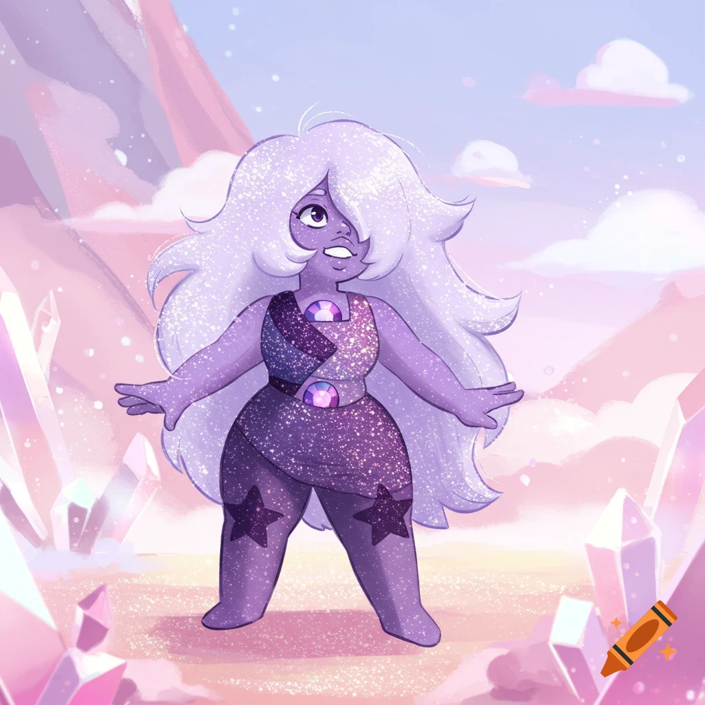 Glitter pastel drawing of Amethyst from Steven Universe standing among pink and purple crystals.