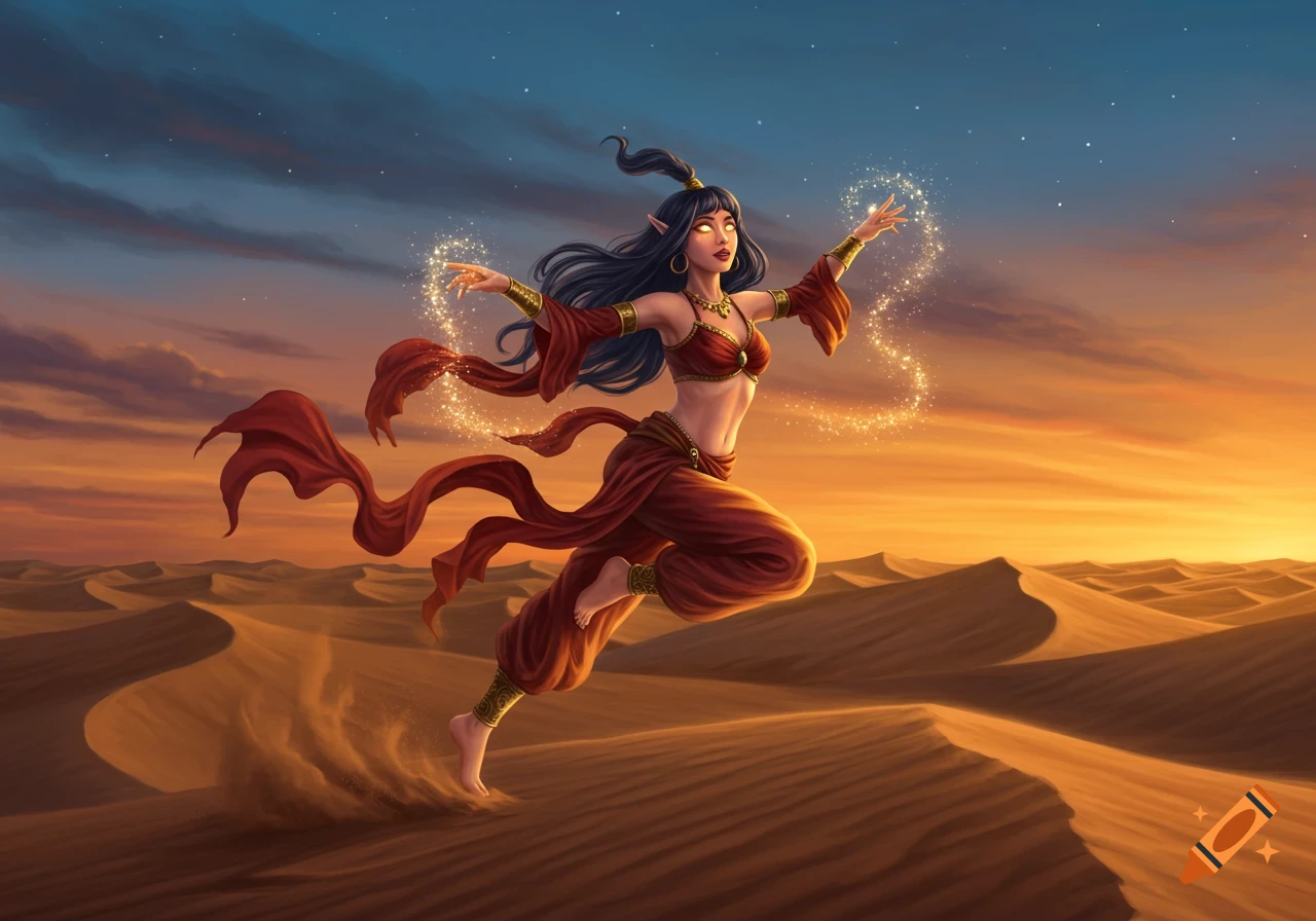 Digital painting of an elf-like woman in a desert at sunset, leaping and casting sparkling magic.