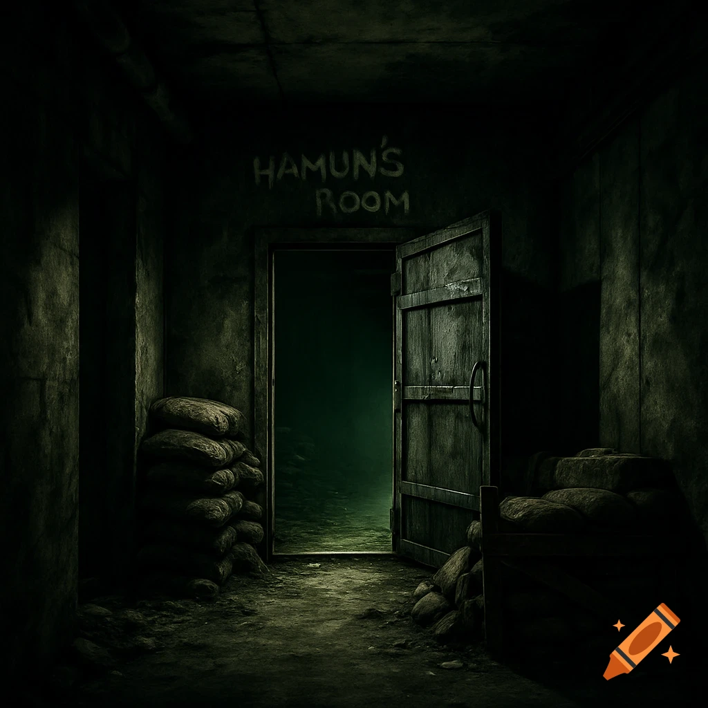 Dark, grim underground concrete bunker corridor with an open metal door revealing a green glow, text 'Hamun's Room' above.