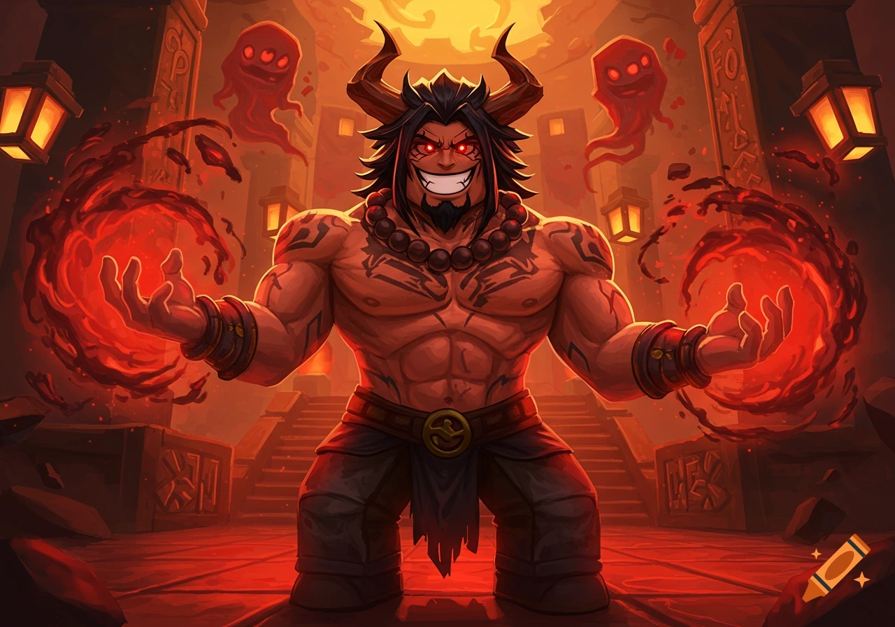 A muscular, horned demon with a wide grin conjures red magic in a stylized, red-lit temple with floating ghost figures.