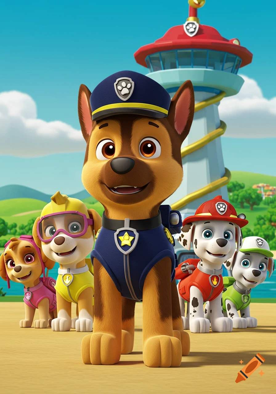The Paw Patrol pups, Chase, Skye, Rubble, Marshall, and Zuma, stand on a beach with the lookout tower.