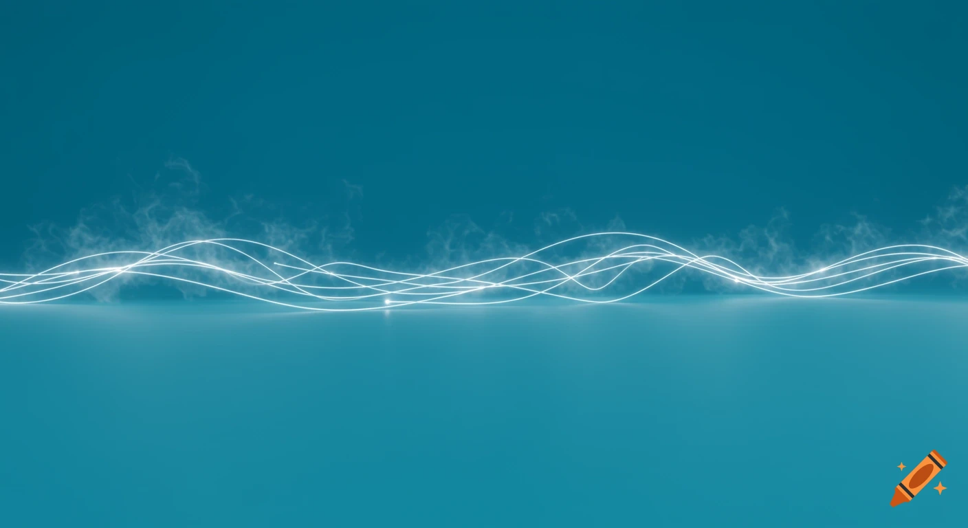 White glowing wavy lines and smoke on a dark teal and light blue-green background.