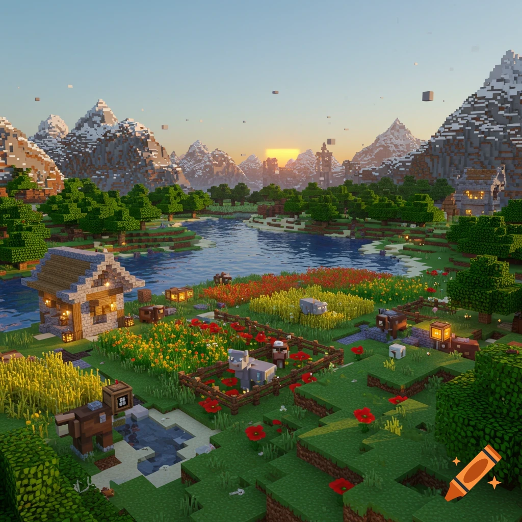 A vibrant Minecraft landscape with a small house, a river, colorful fields, animals in pens, and snow-capped mountains at sunset.
