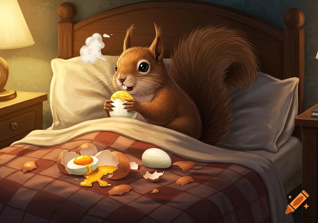 A happy, fluffy cartoon squirrel in bed eats a boiled egg, with broken shells and spilled yolk on the plaid blanket.